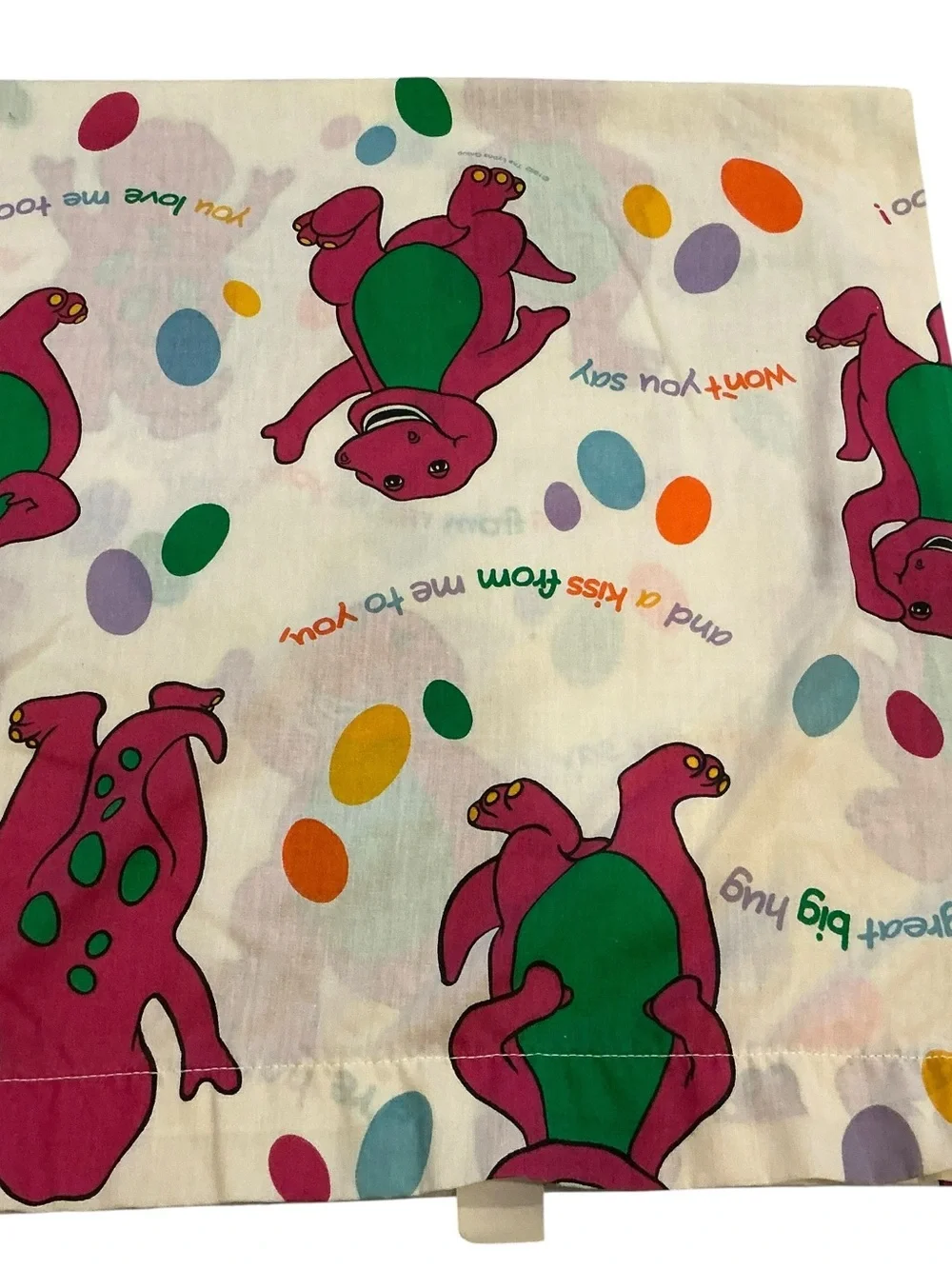Vtg 1992 Barneys purple dinosaur twin size bed sheet flat ,fitted and pillowcase